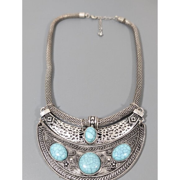 Western Tribal Faux Turquoise Curved Bar Bib Necklace Statement 20" - Picture 2 of 7